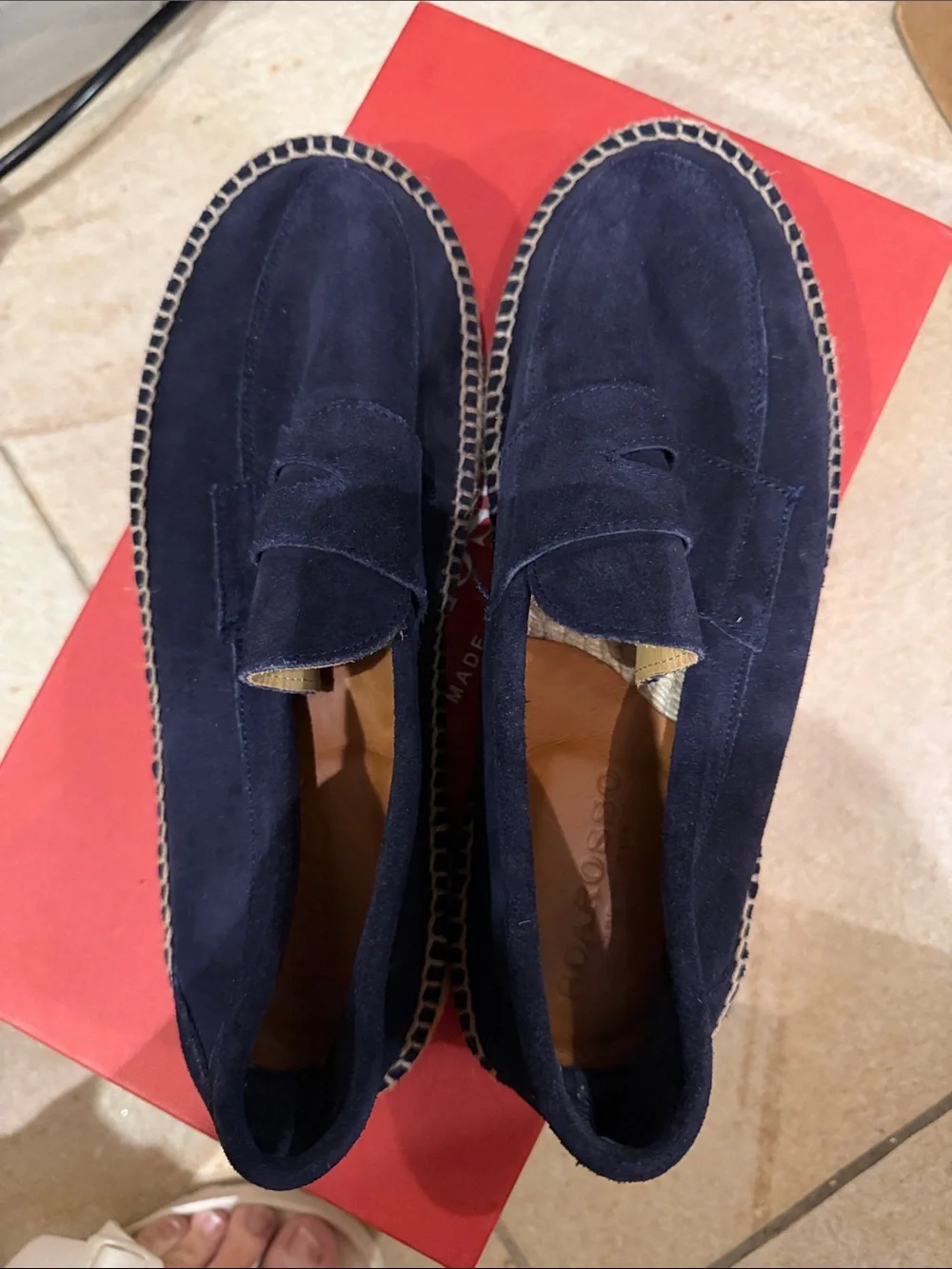 Navy Suede Slip-On Loafers with Espadrille Stitching